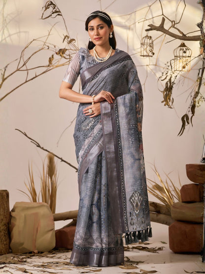 Rajwada Grey Linen Cotton Printed Saree For Women