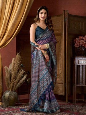 Rajwada Purple Silk Blend Printed Saree For Women