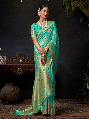 Rajwada Turquoise Blue Organza Solid Saree For Women