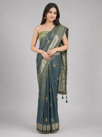 Sage Green Silk Blend Embellished Saree