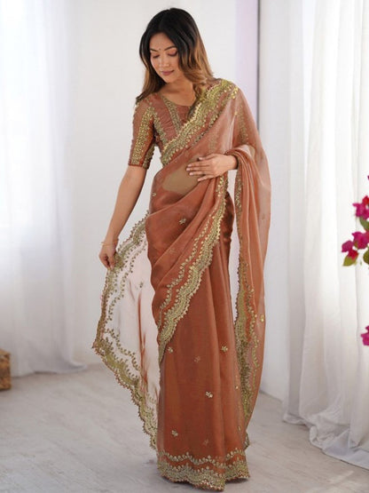 Rajwada Brown Silk Blend Embellished Solid Saree For Women