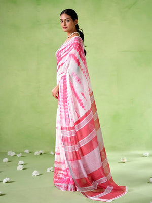Rajwada White Cotton Linen Solid Printed Saree For Women