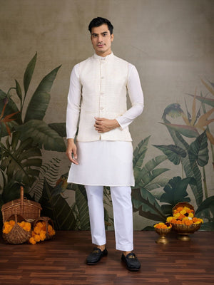Rajwada Off White Viscose Silk  Woven Stitched Kurta For Men