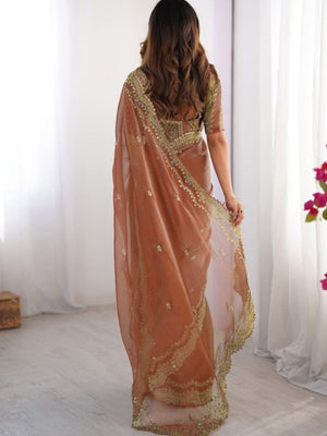 Rajwada Brown Silk Blend Embellished Solid Saree For Women