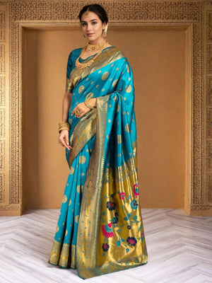Rajwada Sky Blue Silk Blend Woven Pithani Saree For Women