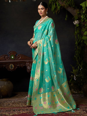 Rajwada Turquoise Blue Organza Solid Saree For Women