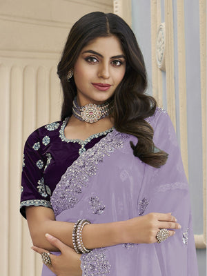 Rajwada Lavender Organza Embroidered Elegant Saree For Women
