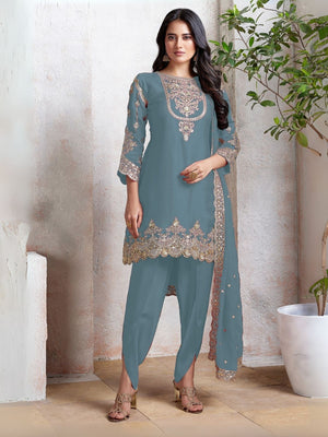 Rajwada Sky Blue Georgette Embroidered & Cutwork Semi-Sitched Kurta Set For Women