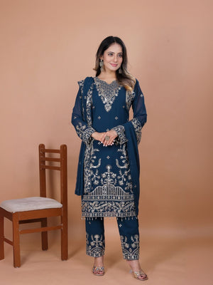 Rajwada Teal Blue Georgette Embroidered Stitched Kurta Set For Women