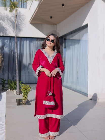 Rajwada Dark Pink Velvet Embellished Kurta Set For Women
