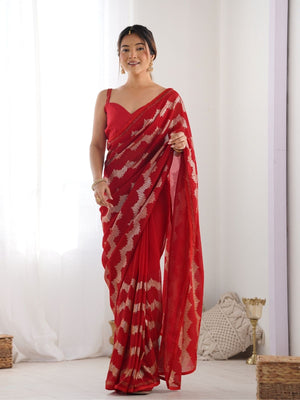 Rajwada Red Georgette Sequins Saree With Unstitched Blouse For Women
