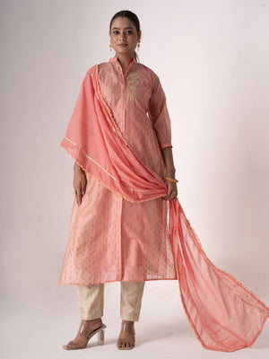 Rajwada Peach Art Silk Designer Embroidered Semi-Stitched Kurta Set For Women