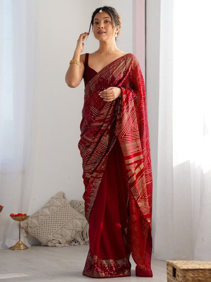 Rajwada Maroon Georgette Embellished Solid Saree For Women