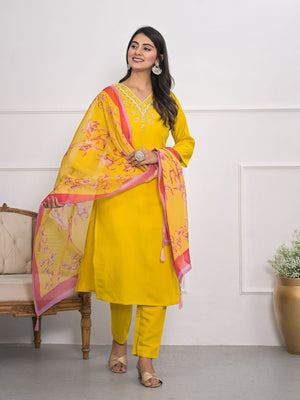 Rajwada Yellow Silk Blend Embroidered Stitched Kurta Set For Women