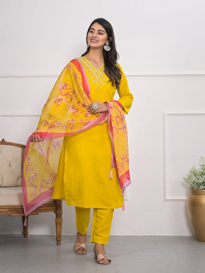 Rajwada Yellow Silk Blend Embroidered Stitched Kurta Set For Women