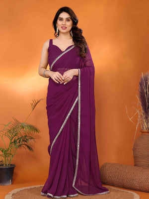Rajwada Wine Georgette Plain Saree With Unstitched Blouse For Women