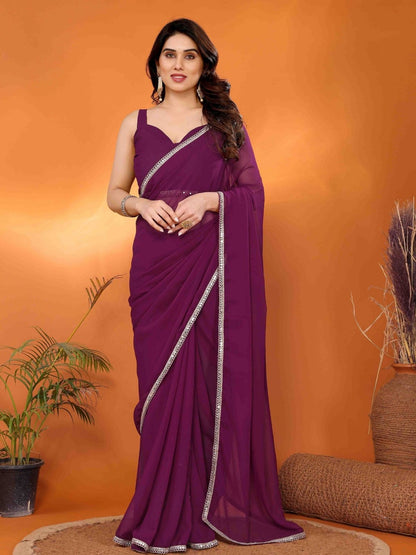 Rajwada Wine Georgette Plain Saree With Unstitched Blouse For Women