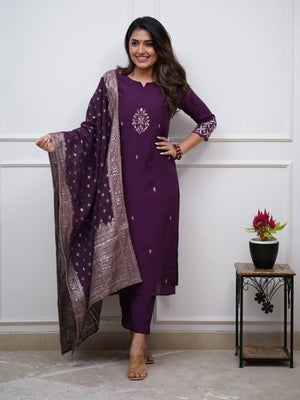 Rajwada Purple Silk Blend Embriodered Stitched Kurta Set For Women