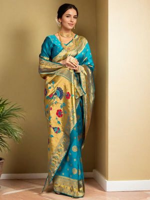 Rajwada Sky Blue Silk Blend Woven Pithani Saree For Women