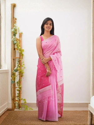 Rajwada Light Pink Cotton Blend Woven Saree For Women