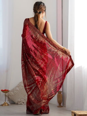Rajwada Maroon Georgette Embellished Solid Saree For Women