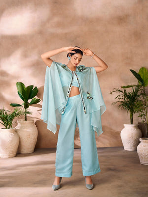 Rajwada Sky Blue Organza Embellished Stitched Co-Ord Set For Women