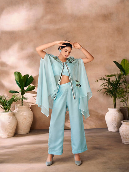 Rajwada Sky Blue Organza Embellished Stitched Co-Ord Set For Women