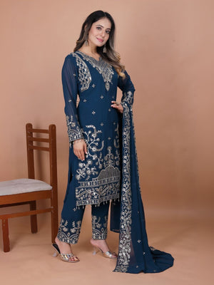 Rajwada Teal Blue Georgette Embroidered Stitched Kurta Set For Women
