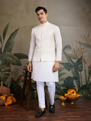 Rajwada Off White Viscose Silk  Woven Stitched Kurta For Men