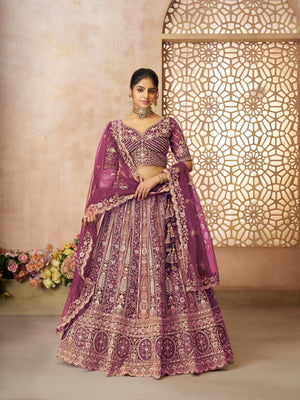 Rajwada Dark Purple Soft Net Embroidered Semi-Stitched Lehenga For Women