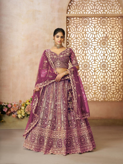 Rajwada Dark Purple Soft Net Embroidered Semi-Stitched Lehenga For Women