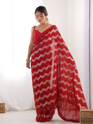 Rajwada Red Georgette Sequins Saree With Unstitched Blouse For Women