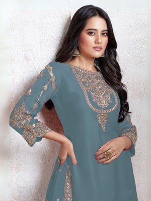 Rajwada Sky Blue Georgette Embroidered & Cutwork Semi-Sitched Kurta Set For Women