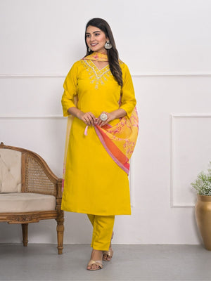 Rajwada Yellow Silk Blend Embroidered Stitched Kurta Set For Women