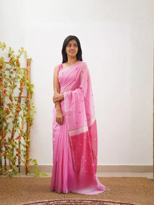 Rajwada Light Pink Cotton Blend Woven Saree For Women