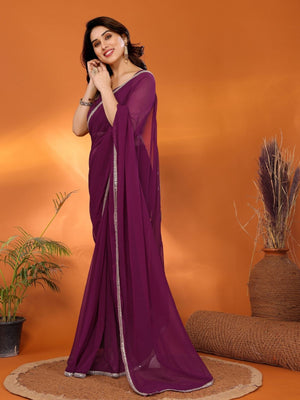 Rajwada Wine Georgette Plain Saree With Unstitched Blouse For Women