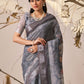 Rajwada Grey Linen Cotton Printed Saree For Women