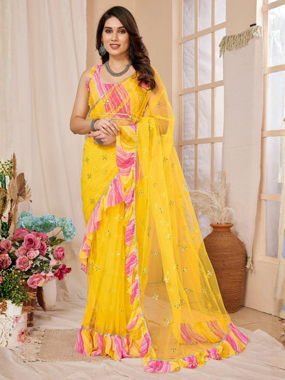 Rajwada Yellow Georgette Plain Saree For Women
