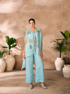 Rajwada Sky Blue Organza Embellished Stitched Co-Ord Set For Women