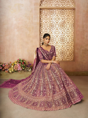 Rajwada Dark Purple Soft Net Embroidered Semi-Stitched Lehenga For Women