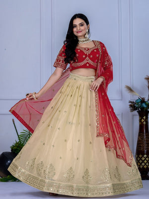 Rajwada Cream Organza Embroidered Semi-Stitched lehenga For Women