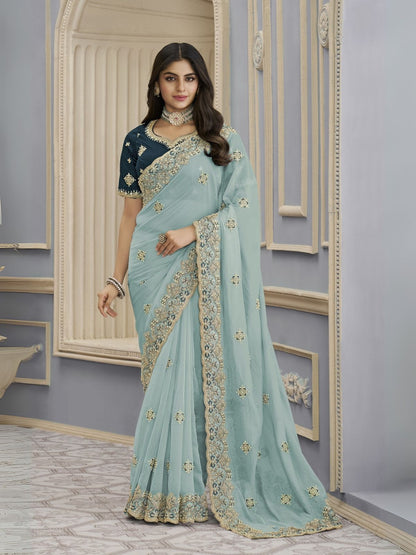 Rajwada Sea Green Georgette Embellished Elegant Saree For Women