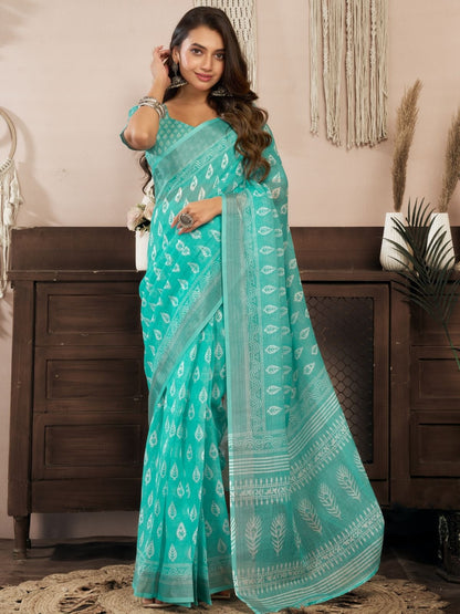Rajwada Light Blue Cotton Linen Zari Work Saree For Women