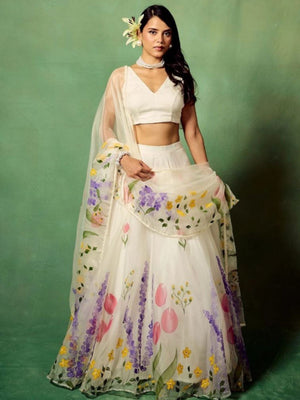 Rajwada White Silk Blend Floral Print Semi Stitched Lehenga For Women
