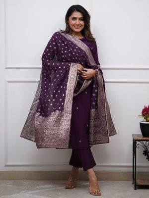 Rajwada Purple Silk Blend Embriodered Stitched Kurta Set For Women