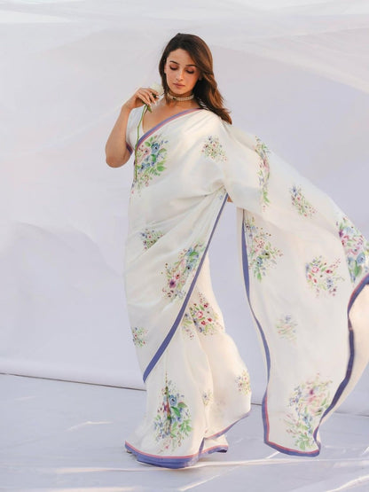Rajwada White Georgette Printed Saree For Women