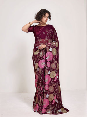 Rajwada Wine Georgette Embellished Saree For Women
