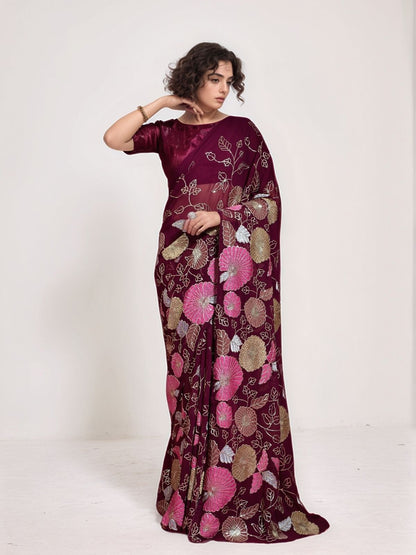 Rajwada Wine Georgette Embellished Saree For Women