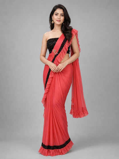 Pink Silk Blend Embellished Saree