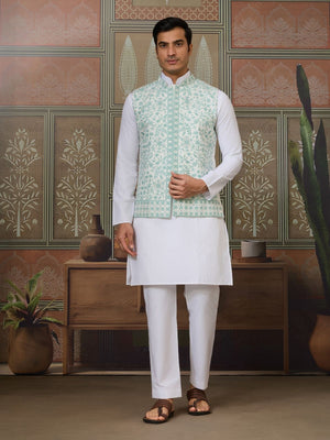 Rajwada White Silk Blend Plain Stitched Kurta Set For Men